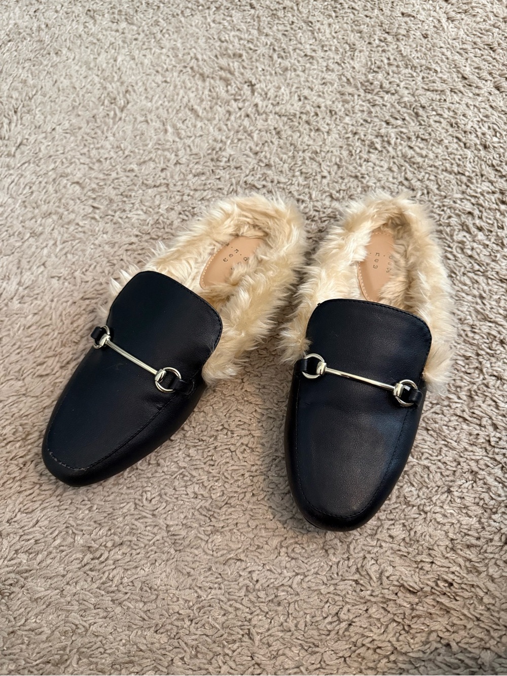 a new day Black Faux-Fur Lined Horsebit Mules